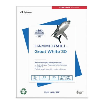 Hammermill Great White 30 paper sample pack with shark graphic on a white background