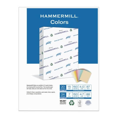 Hammermill paper packaging with color swatches on a white background