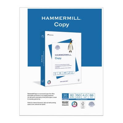Hammermill Copy paper packaging with blue and white design on a white background
