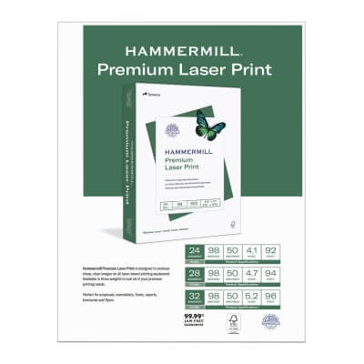 Hammermill Premium Laser Print paper packaging on a white background