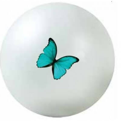 White stress ball with a blue butterfly design on a white background