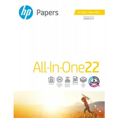HP Papers All-In-One 22 packaging with a person running in a field on a white background