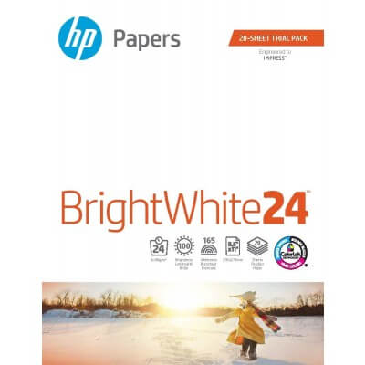 HP BrightWhite24 paper pack with a scenic image of a person walking on a beach.