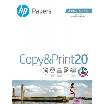 HP Papers Copy & Print20 packaging with a woman on a dock and scenic background