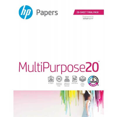 HP MultiPurpose 20 paper pack with colorful design elements on a white background