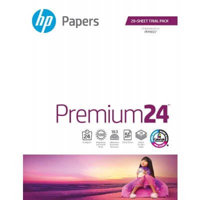 Packaging of HP Premium 24 paper with a scenic design and child in a dress.