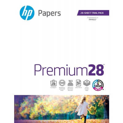 HP Premium 28 paper pack with a person walking in a park on a white background