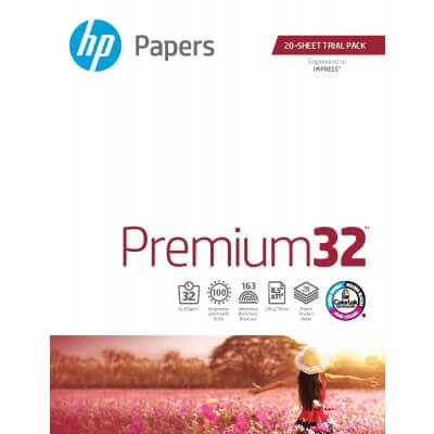 HP Premium 32 paper pack with a scenic image on a white background