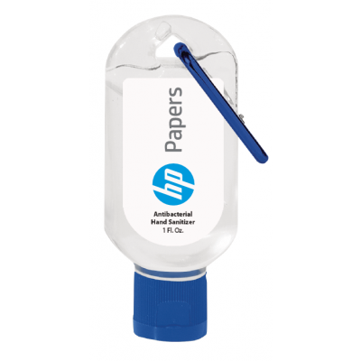 Hand sanitizer bottle with blue cap and HP logo on a white background