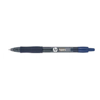 Blue pen with HP Papers logo on a white background