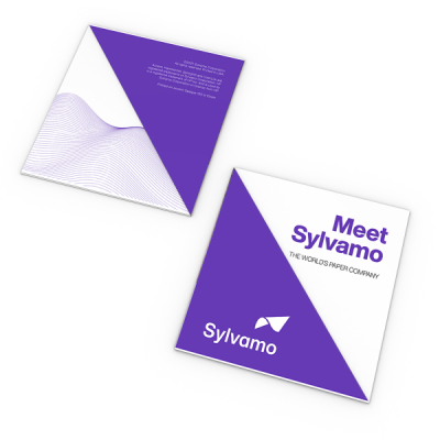Two purple mailers with 'Meet Sylvamo' text on a white background