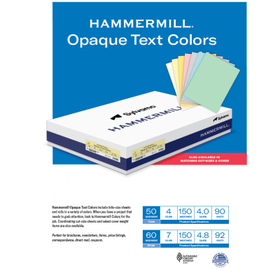 Hammermill Opaque Text Colors packaging with a display of colored papers.
