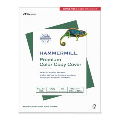 Hammermill Premium Color Copy Cover packaging with a chameleon illustration on a white background