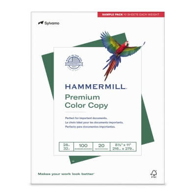 Hammermill Premium Color Copy paper package with a parrot illustration on a white background