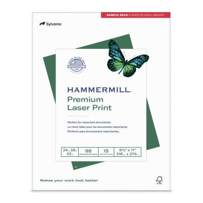 Hammermill Premium Laser Print paper sample pack with butterfly design on a white background