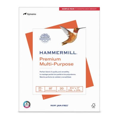 Hammermill Premium Multi-Purpose paper sample pack with a hummingbird illustration on a white background.
