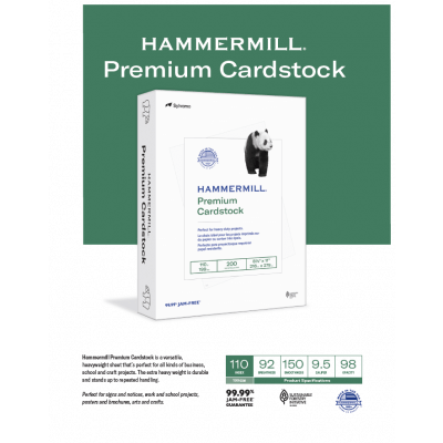 Cover of Hammermill premium cardstock sell sheet with an illustration of a panda bear on green background