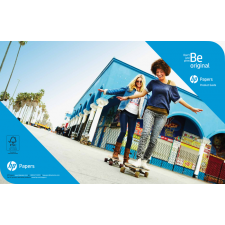 Two people on skateboards with a blue and white HP paper box in the foreground.