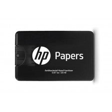 A sanitizer spray bottle with Black HP Papers packaging on a white background
