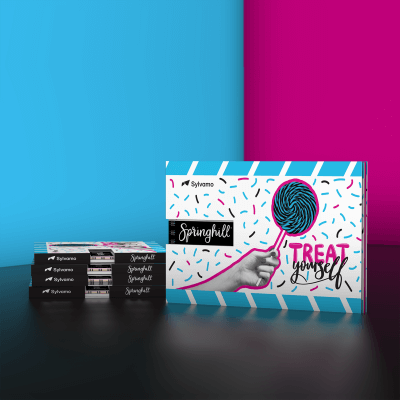 Sylvamo Springhill product packaging with a blue and pink background