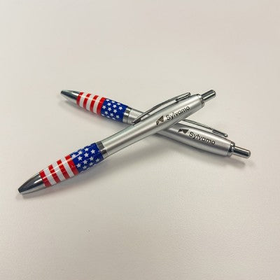 Sylvamo branded patriotic themed pen on grey background